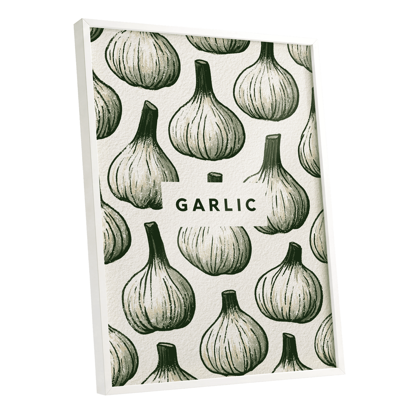 Garlic Garden, green, beige, white nature wall art shown as a white framed poster wall art print
