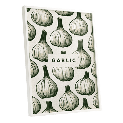 Garlic Garden, green, beige, white nature wall art shown as a white framed poster wall art print