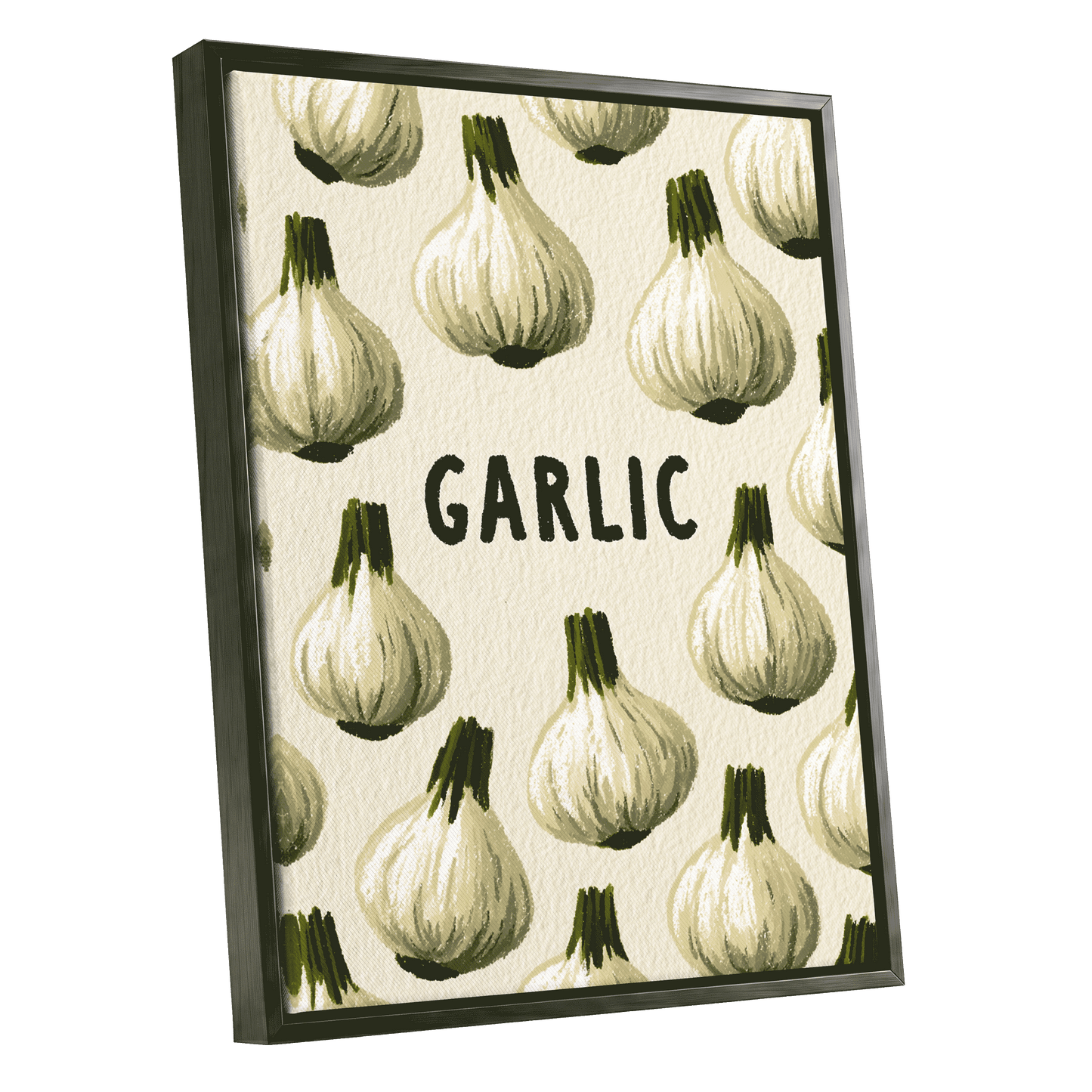 Garlic Parade, beige, white, green nature wall art shown as a black framed canvas wall art