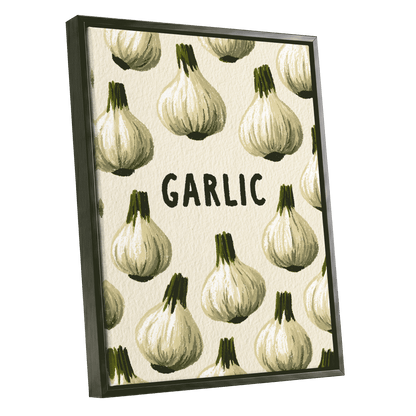 Garlic Parade, beige, white, green nature wall art shown as a black framed canvas wall art