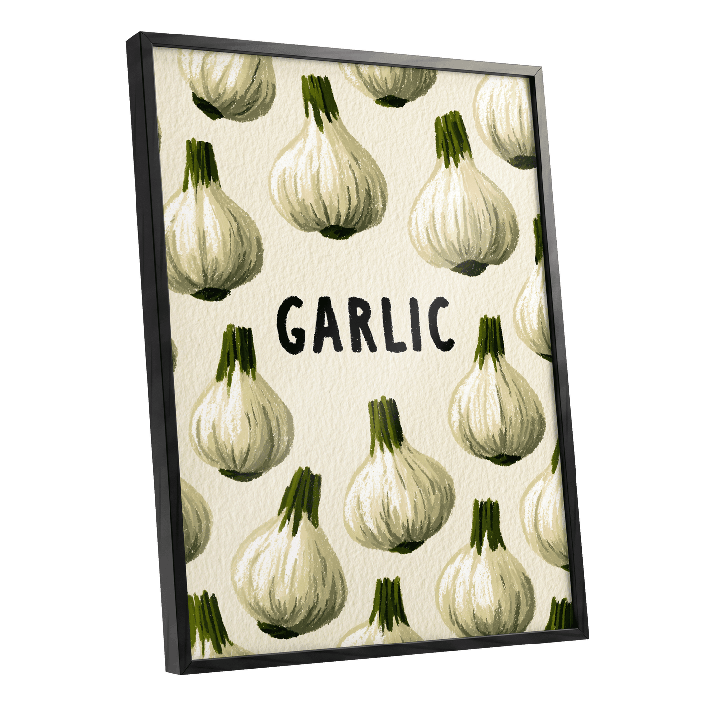 Garlic Parade, beige, white, green nature wall art shown as a black framed poster wall art print