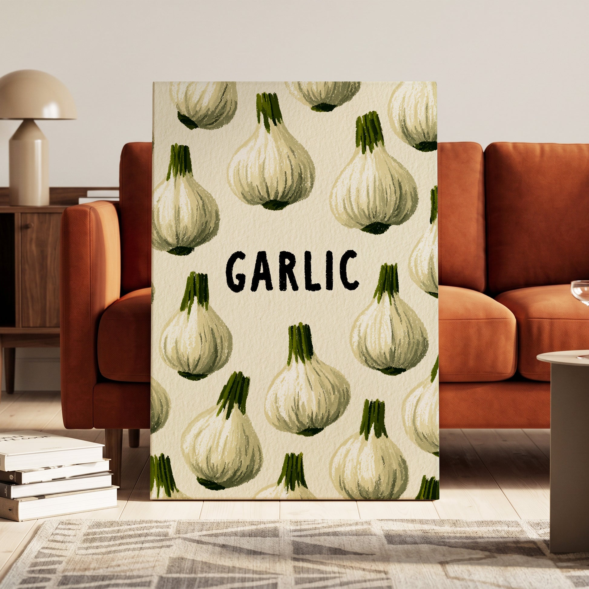 Garlic Parade, beige, white, green nature wall art on canvas displayed in a styled interior, gallery view 1