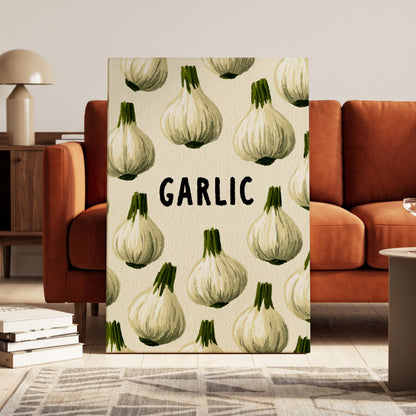 Garlic Parade, beige, white, green nature wall art on canvas displayed in a styled interior, gallery view 1
