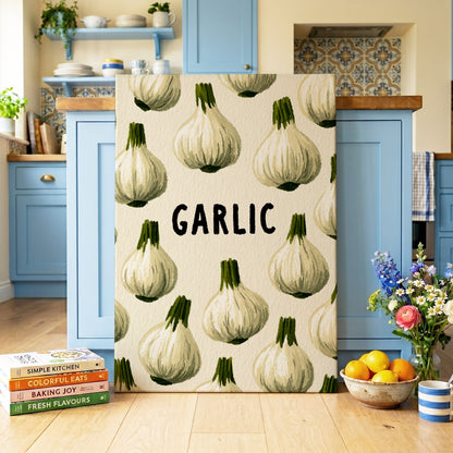 Garlic Parade, beige, white, green nature wall art on canvas displayed in a styled interior, gallery view 2