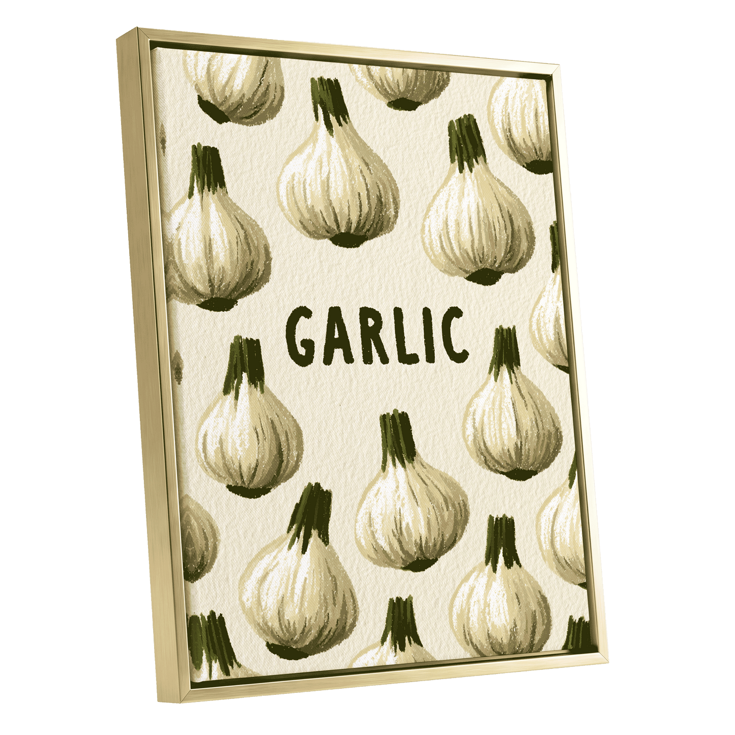 Garlic Parade, beige, white, green nature wall art shown as a gold framed canvas wall art