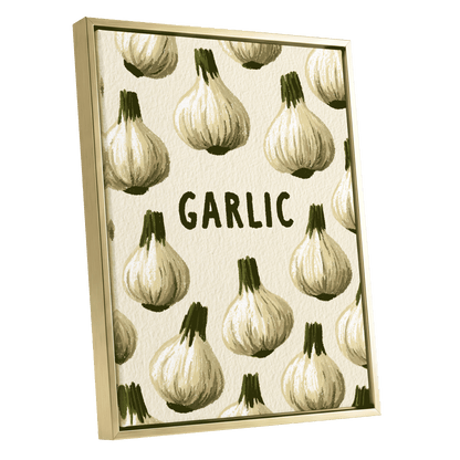 Garlic Parade, beige, white, green nature wall art shown as a gold framed canvas wall art