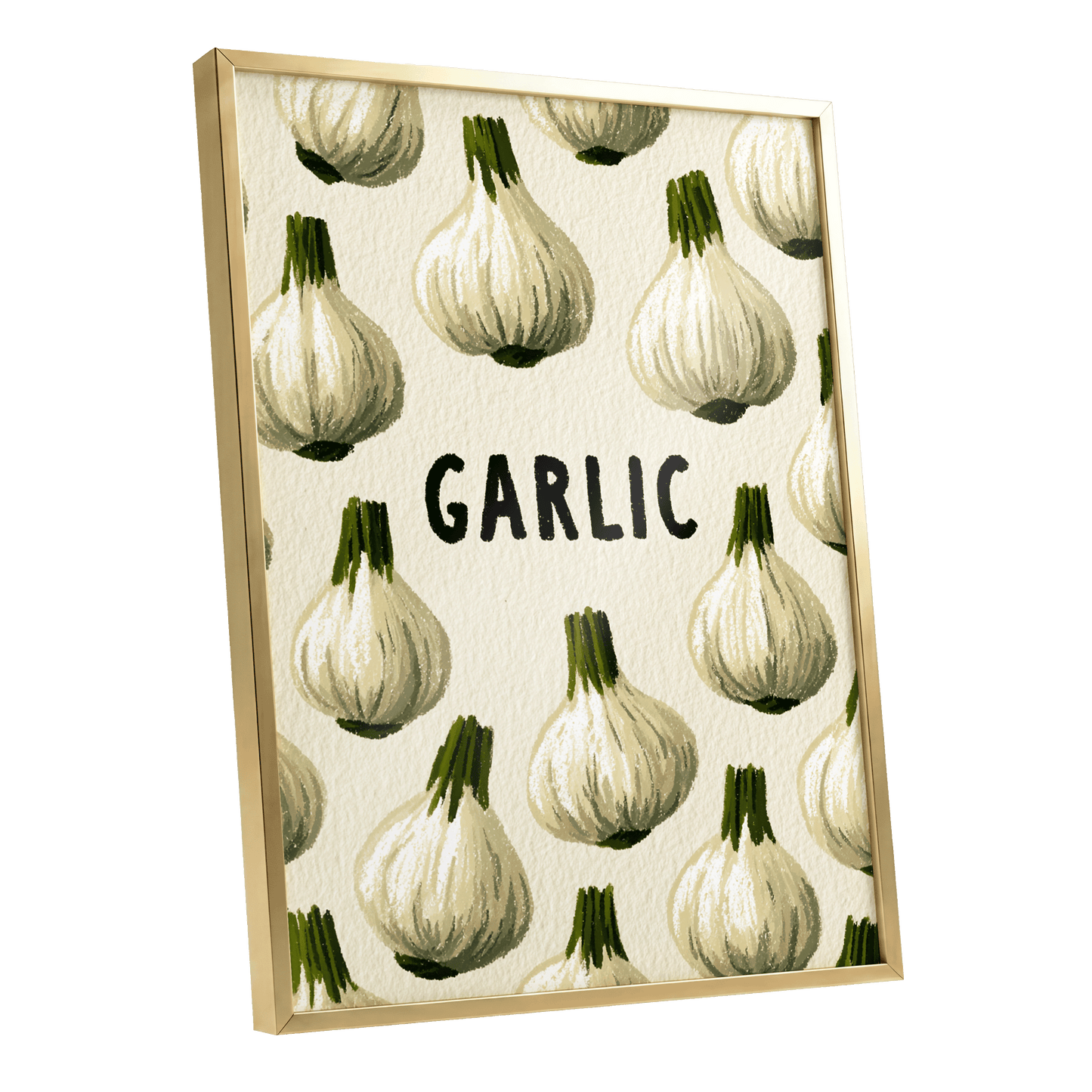 Garlic Parade, beige, white, green nature wall art shown as a gold framed poster wall art print