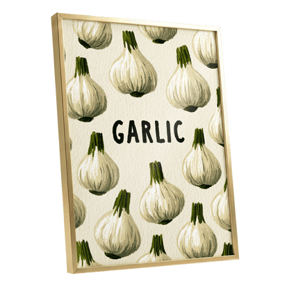 Garlic Parade, beige, white, green nature wall art shown as a gold framed poster wall art print