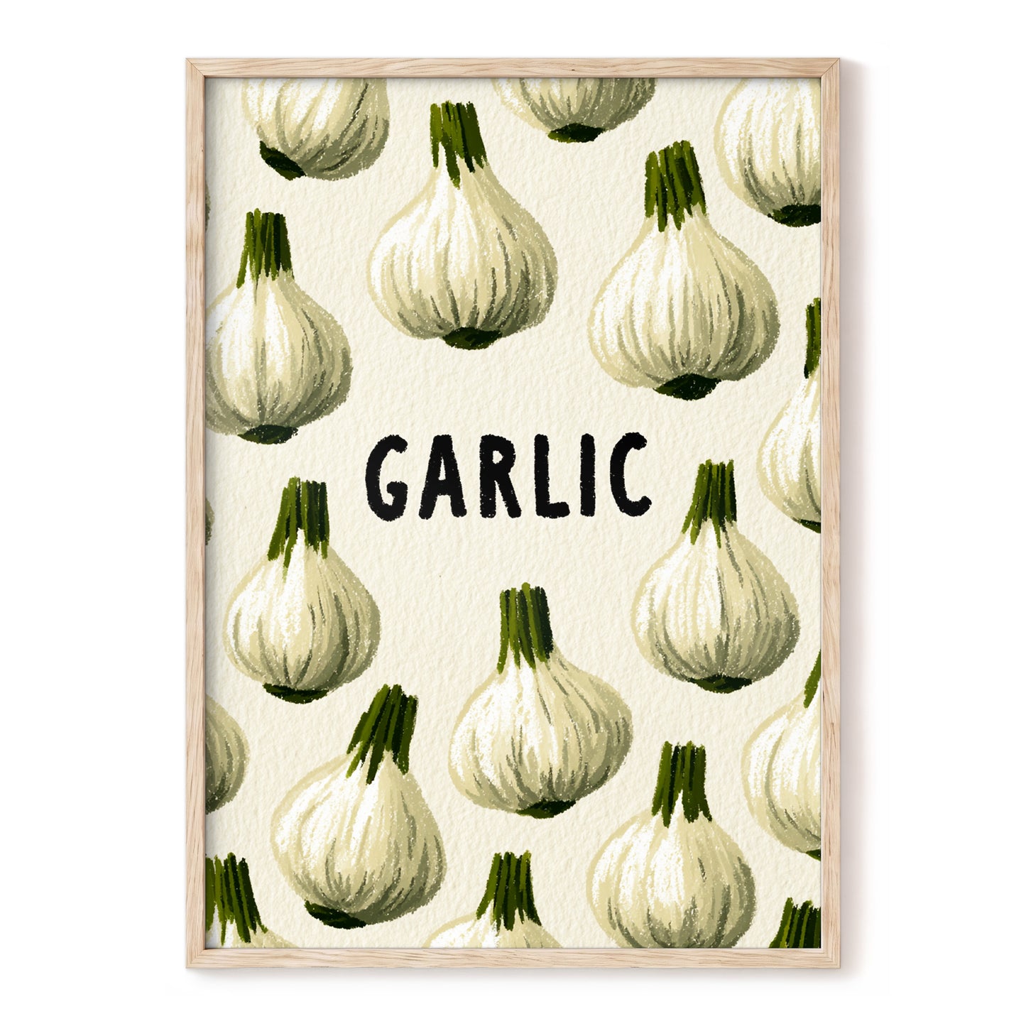 Garlic Parade, beige, white, green nature wall art, front artwork view
