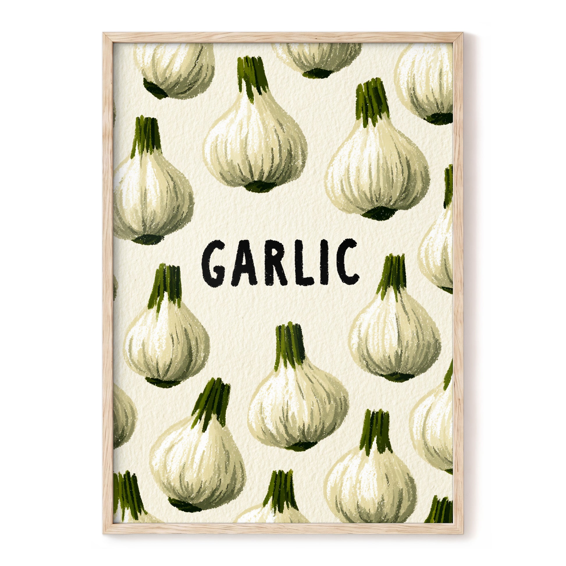 Garlic Parade, beige, white, green nature wall art, front artwork view