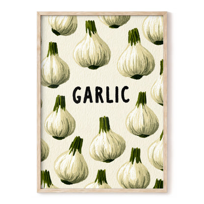 Garlic Parade, beige, white, green nature wall art, front artwork view