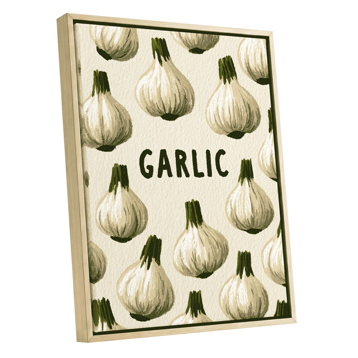 Garlic Parade, beige, white, green nature wall art shown as a oak framed canvas wall art