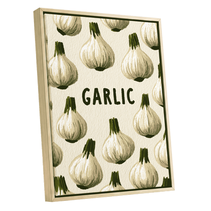 Garlic Parade, beige, white, green nature wall art shown as a oak framed canvas wall art