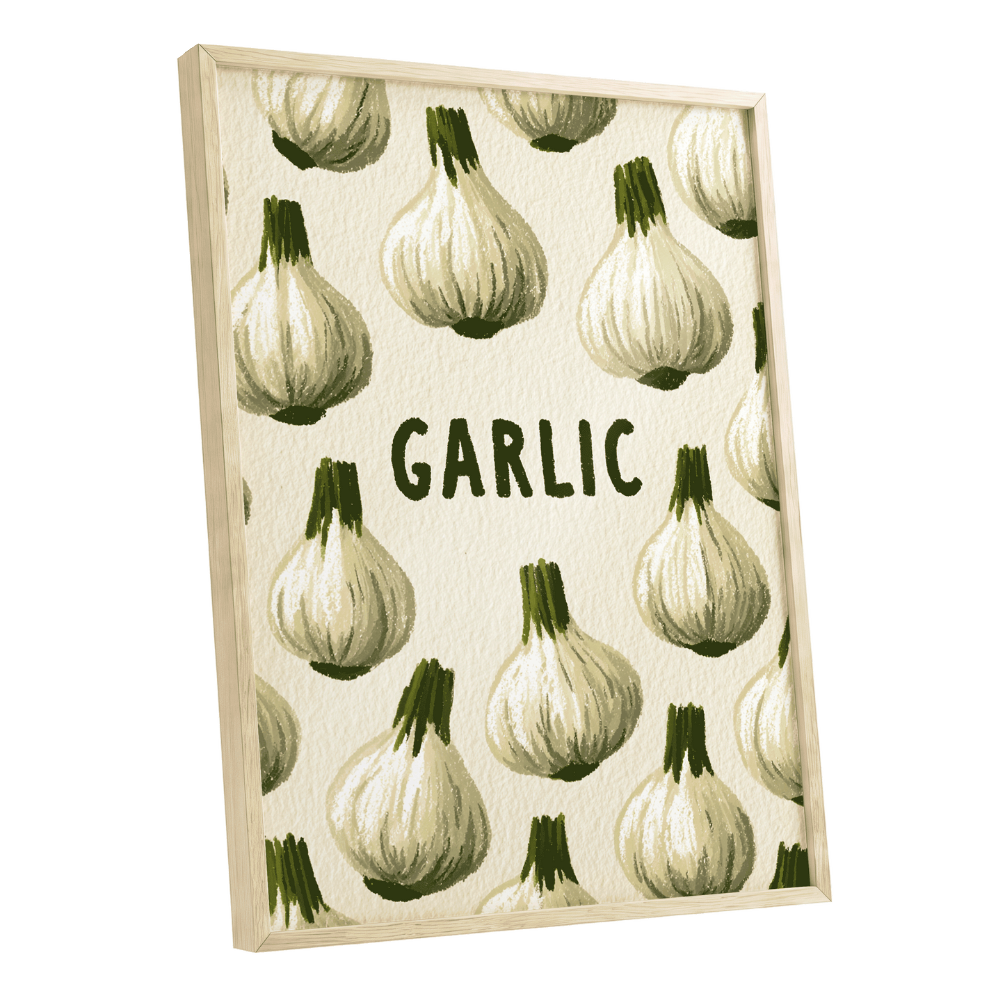 Garlic Parade, beige, white, green nature wall art shown as a oak framed poster wall art print