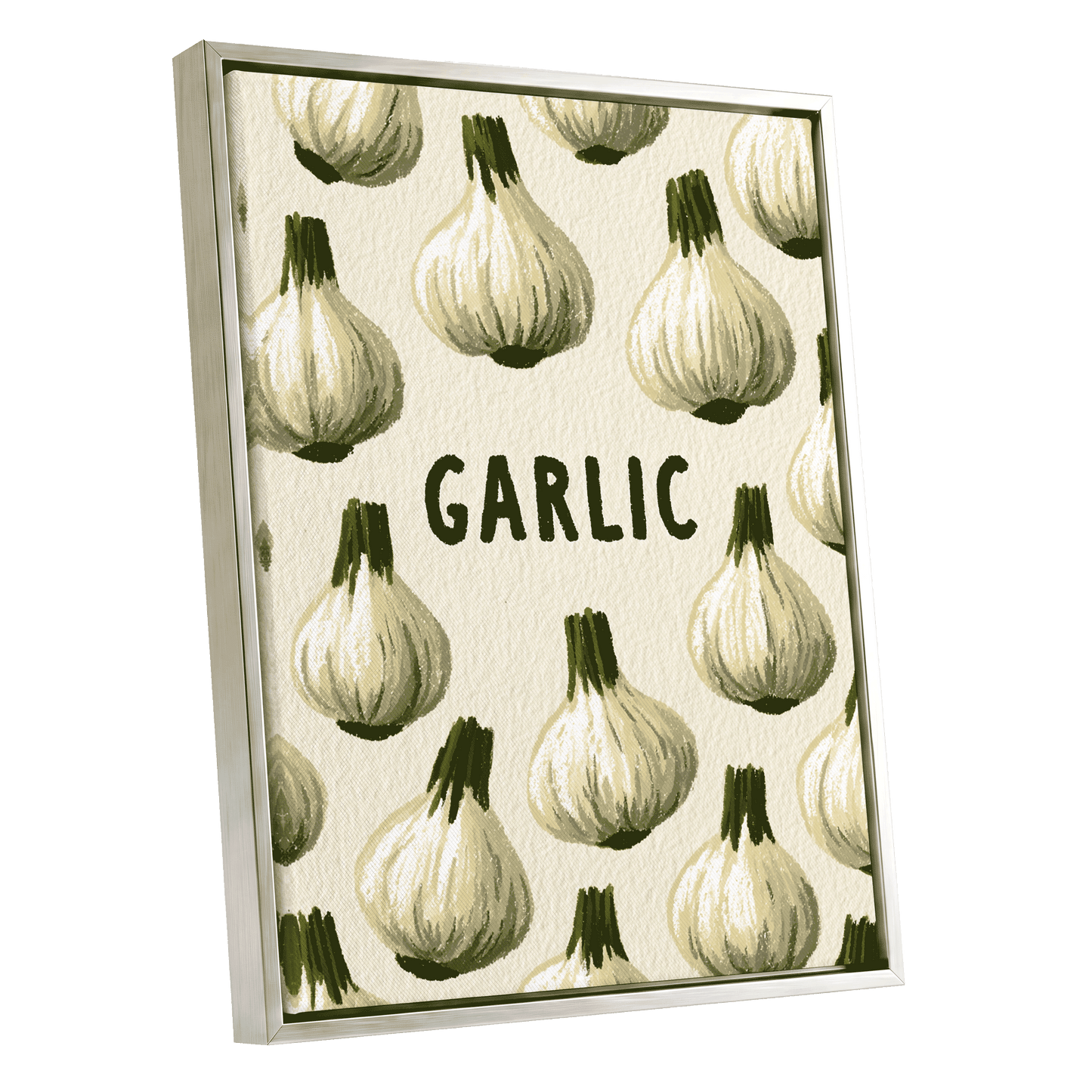 Garlic Parade, beige, white, green nature wall art shown as a silver framed canvas wall art