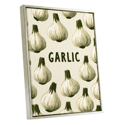 Garlic Parade, beige, white, green nature wall art shown as a silver framed canvas wall art
