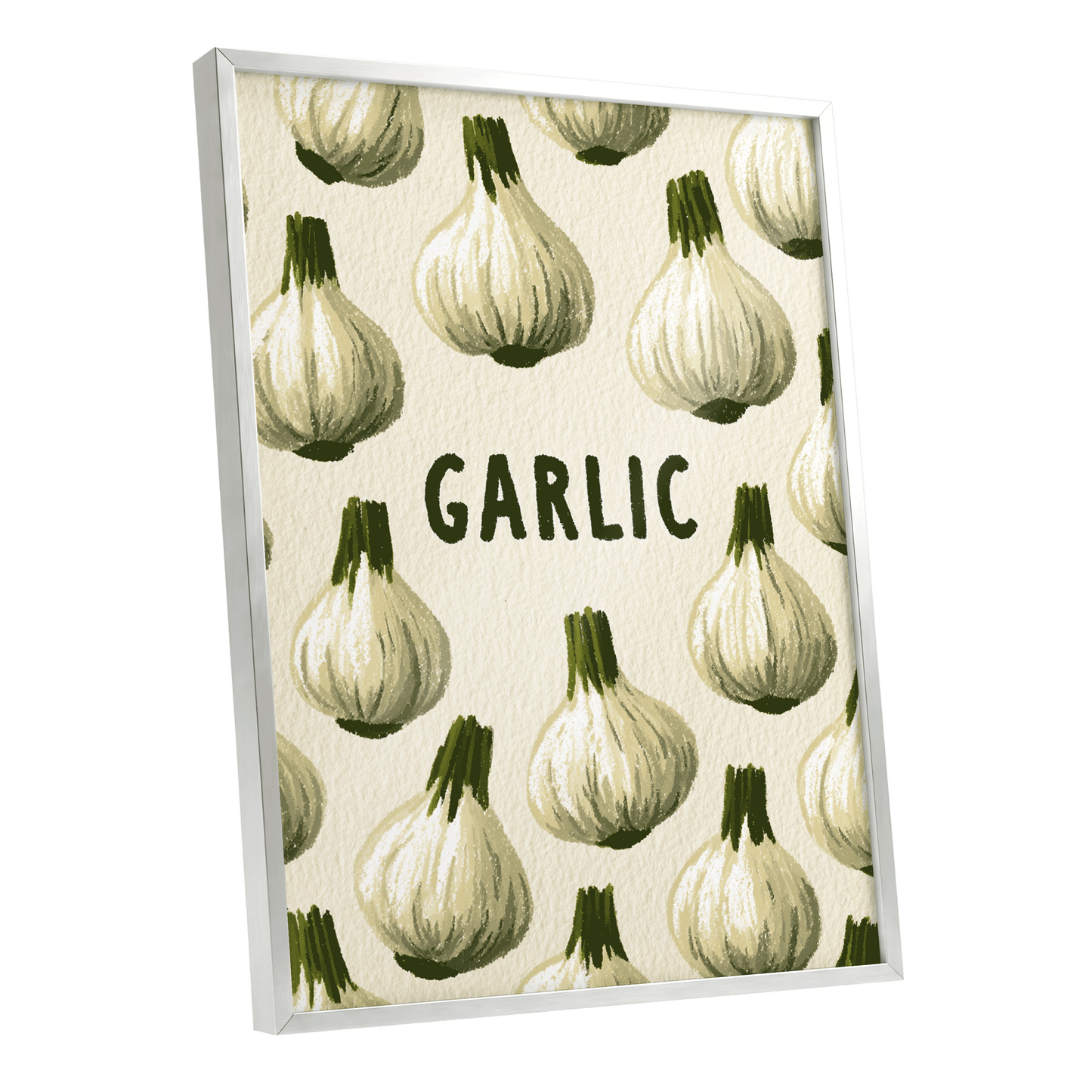 Garlic Parade, beige, white, green nature wall art shown as a silver framed poster wall art print