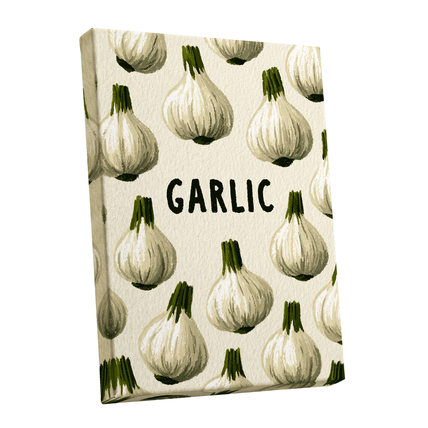 Garlic Parade, beige, white, green nature wall art shown as a stretched canvas wall art