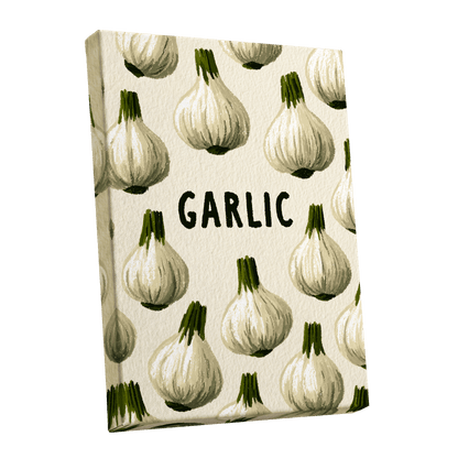 Garlic Parade, beige, white, green nature wall art shown as a stretched canvas wall art