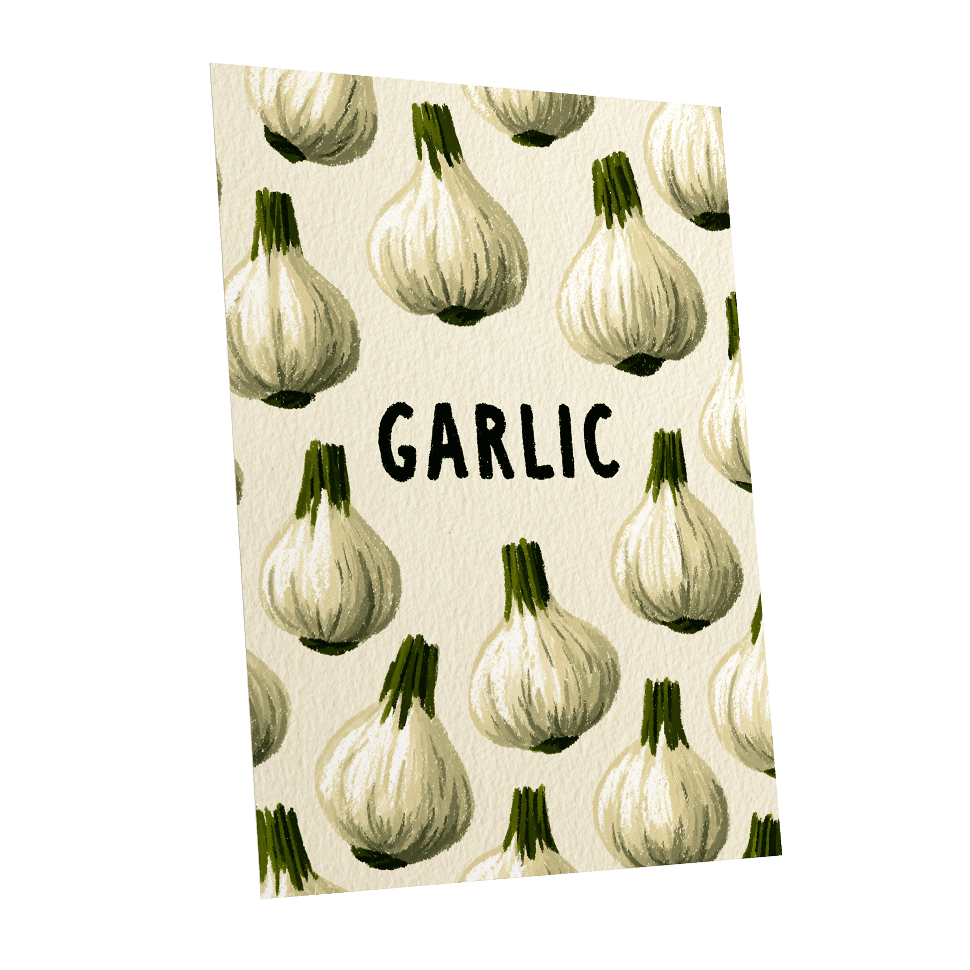 Garlic Parade, beige, white, green nature wall art shown as a unframed poster wall art print