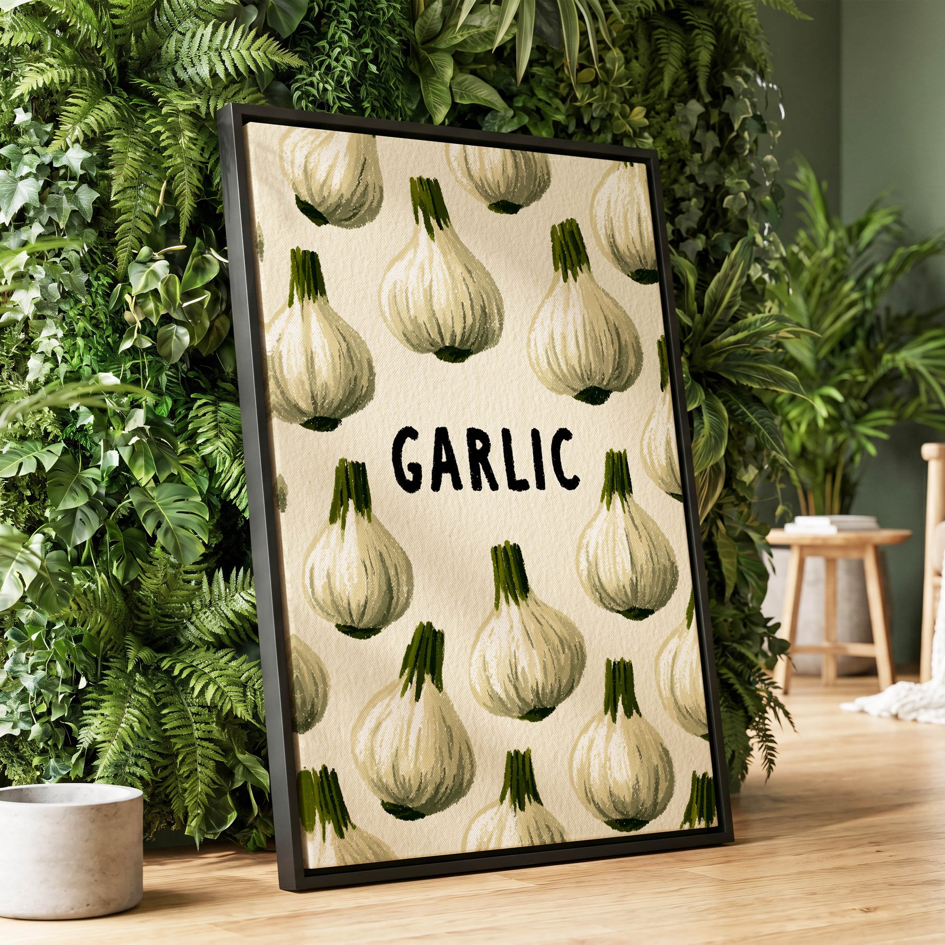 Garlic Parade, beige, white, green nature wall art displayed in a styled interior, gallery view 1