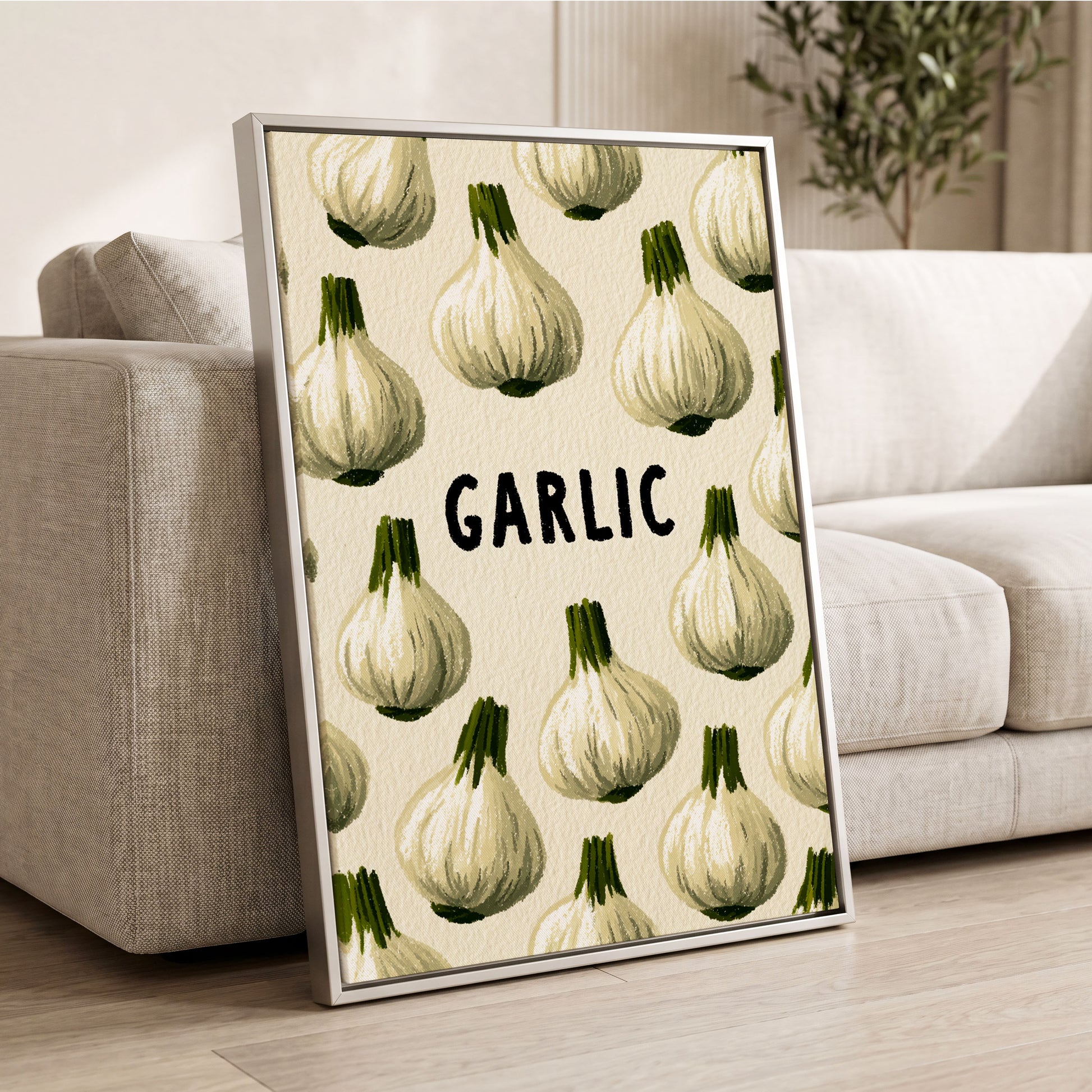 Garlic Parade, beige, white, green nature wall art displayed in a styled interior, gallery view 2