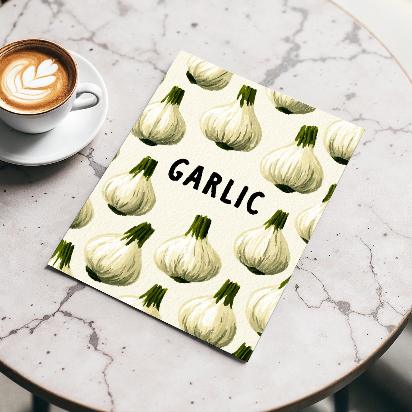 Garlic Parade, beige, white, green nature wall art displayed in a styled interior, gallery view 3