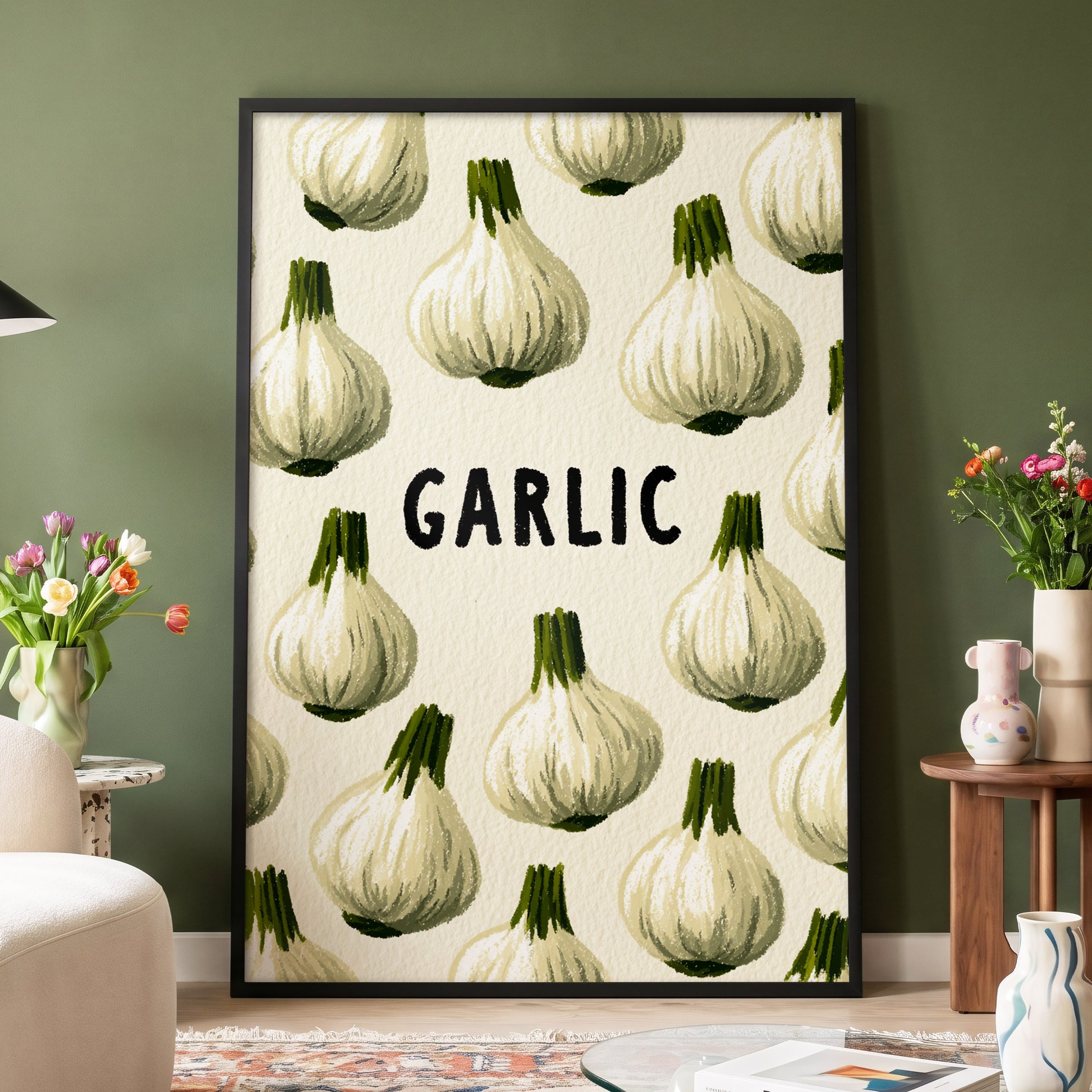 Garlic Parade, beige, white, green nature wall art displayed in a styled interior, gallery view 4