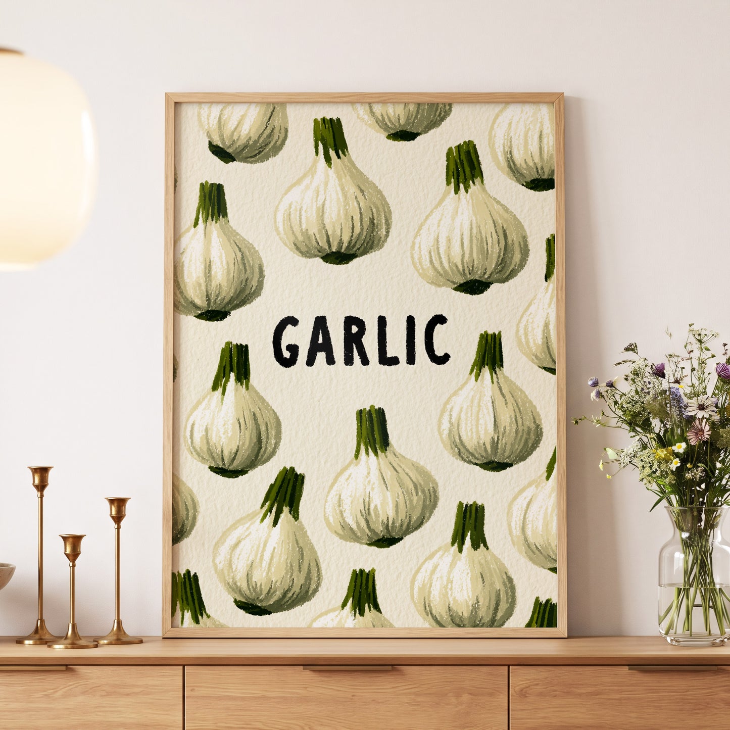 Garlic Parade, beige, white, green nature wall art displayed in a styled interior, gallery view 5