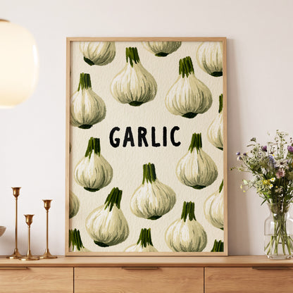 Garlic Parade, beige, white, green nature wall art displayed in a styled interior, gallery view 5