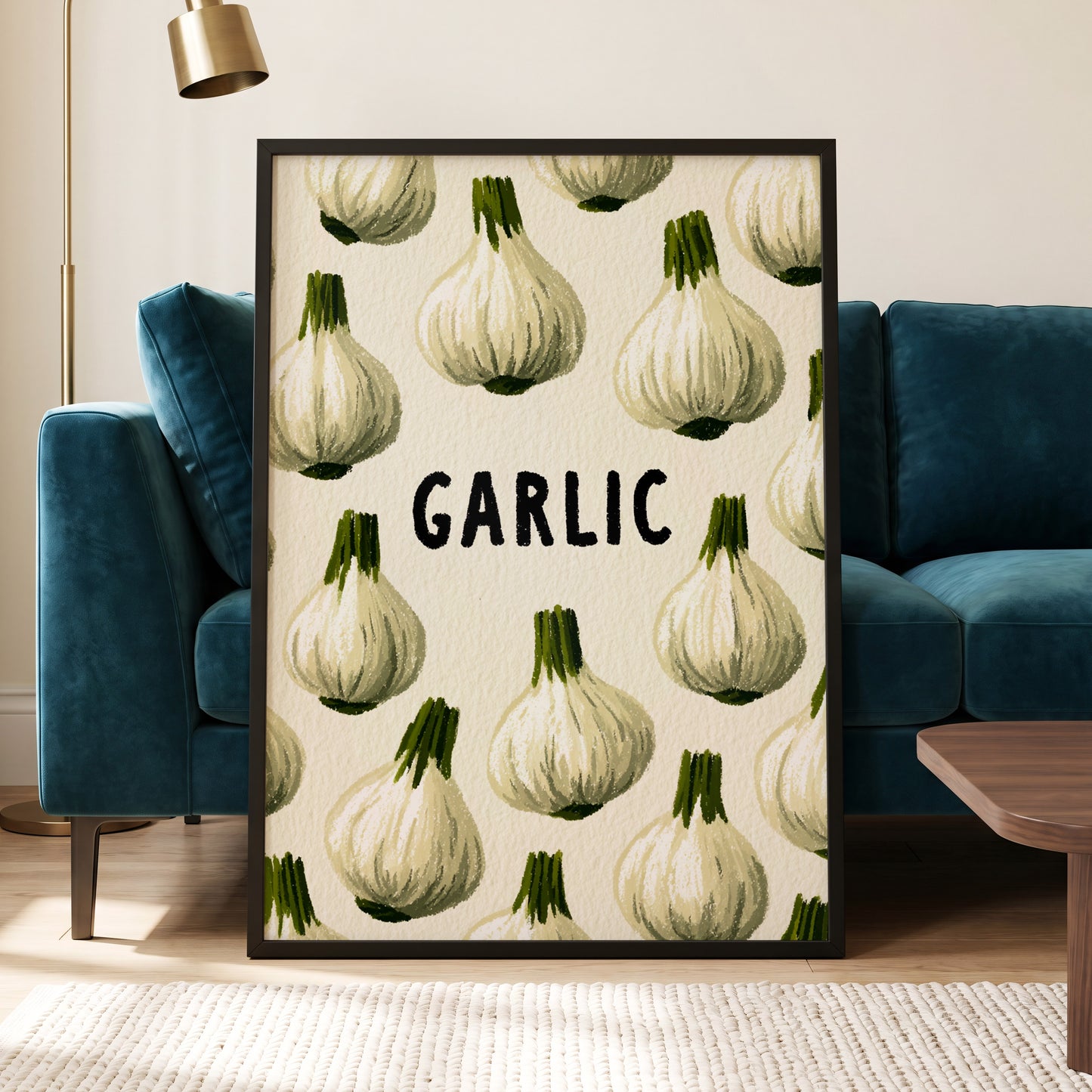 Garlic Parade, beige, white, green nature wall art displayed in a styled interior, gallery view 6