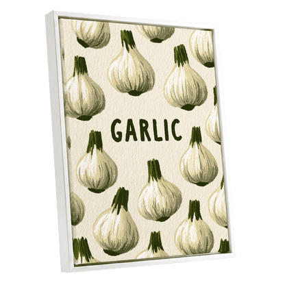 Garlic Parade, beige, white, green nature wall art shown as a white framed canvas wall art