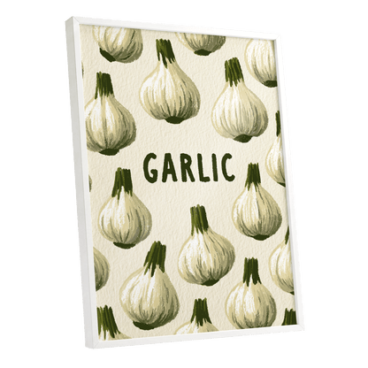 Garlic Parade, beige, white, green nature wall art shown as a white framed poster wall art print