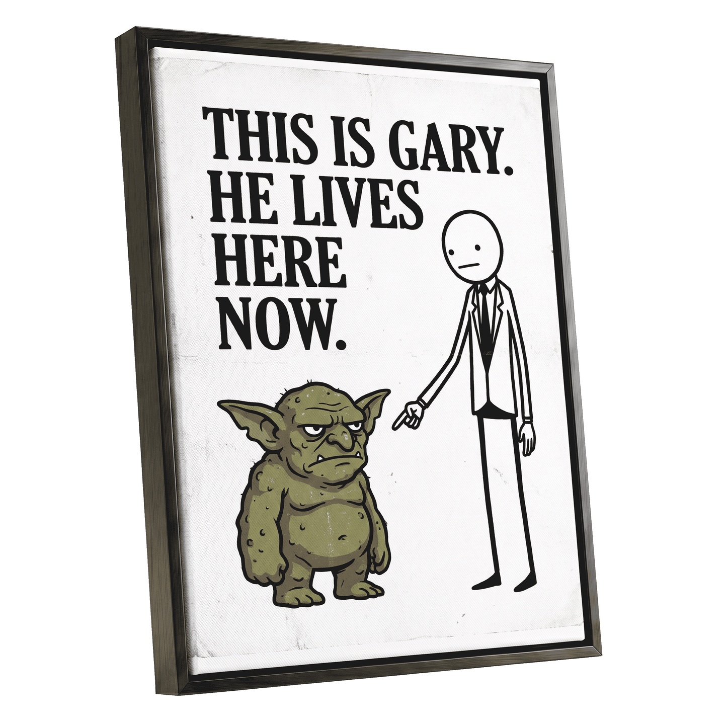 Gary’s New Address, white, black, green minimalist wall art shown as a black framed canvas wall art