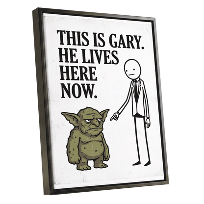 Gary’s New Address, white, black, green minimalist wall art shown as a black framed canvas wall art