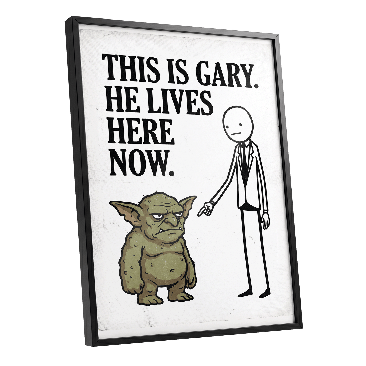 Gary’s New Address, white, black, green minimalist wall art shown as a black framed poster wall art print