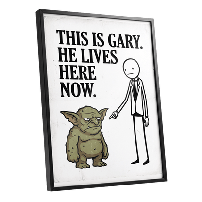 Gary’s New Address, white, black, green minimalist wall art shown as a black framed poster wall art print