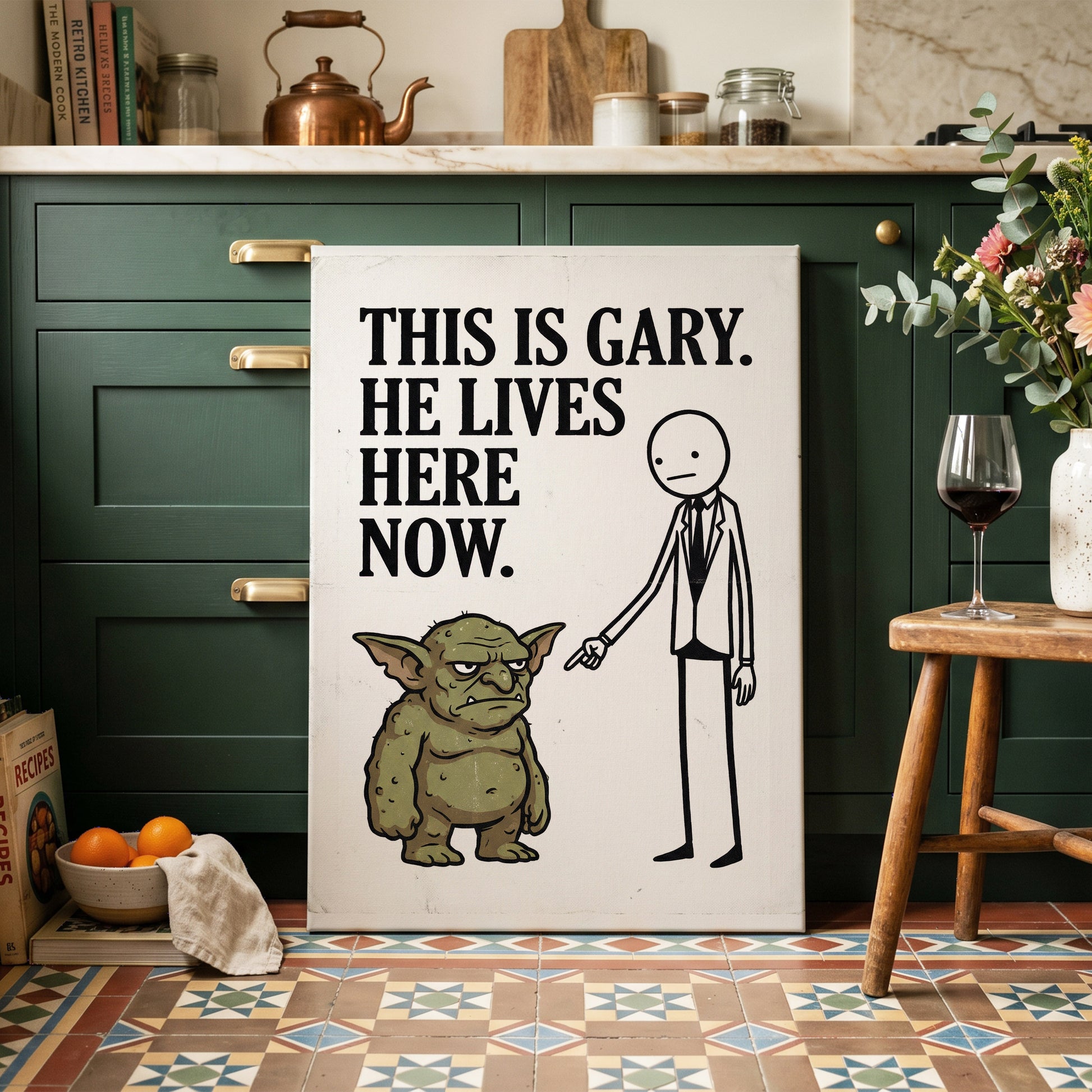 Gary’s New Address, white, black, green minimalist wall art on canvas displayed in a styled interior, gallery view 1