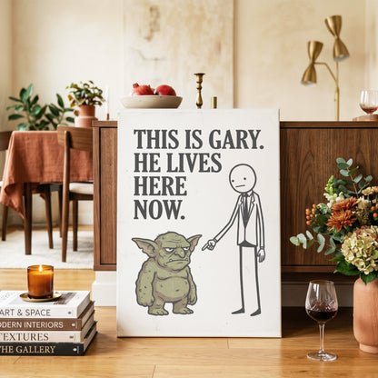 Gary’s New Address, white, black, green minimalist wall art on canvas displayed in a styled interior, gallery view 2