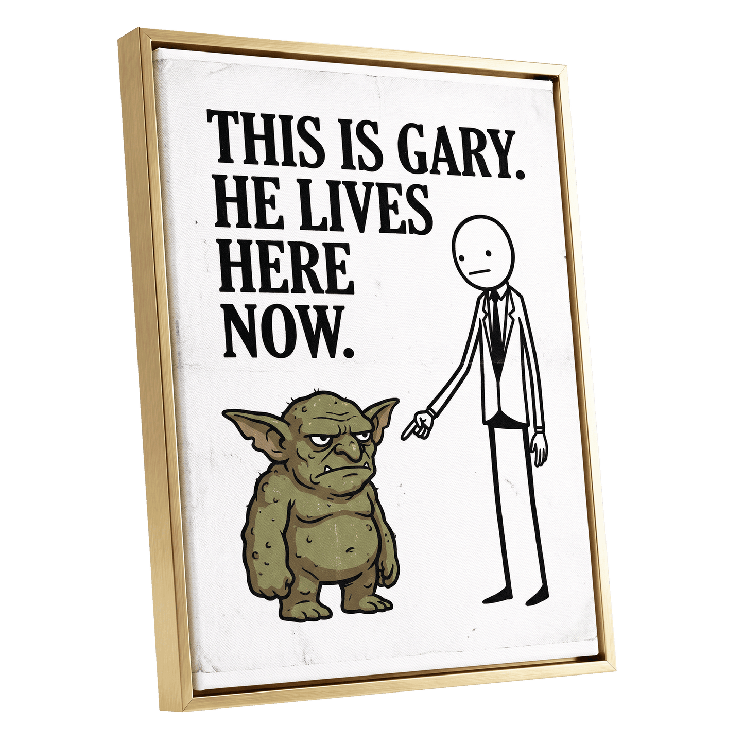 Gary’s New Address, white, black, green minimalist wall art shown as a gold framed canvas wall art