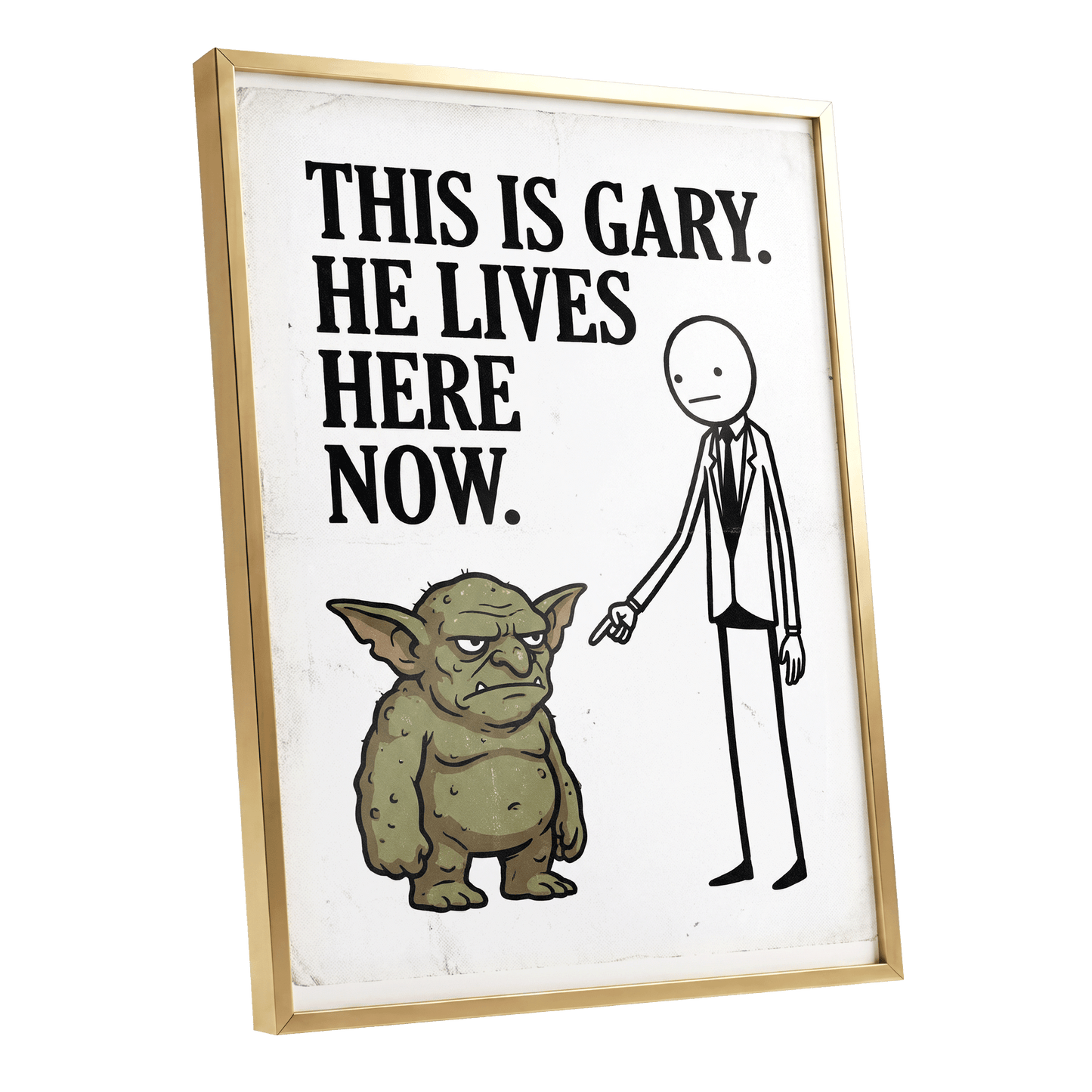 Gary’s New Address, white, black, green minimalist wall art shown as a gold framed poster wall art print