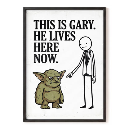 Gary’s New Address, white, black, green minimalist wall art, front artwork view