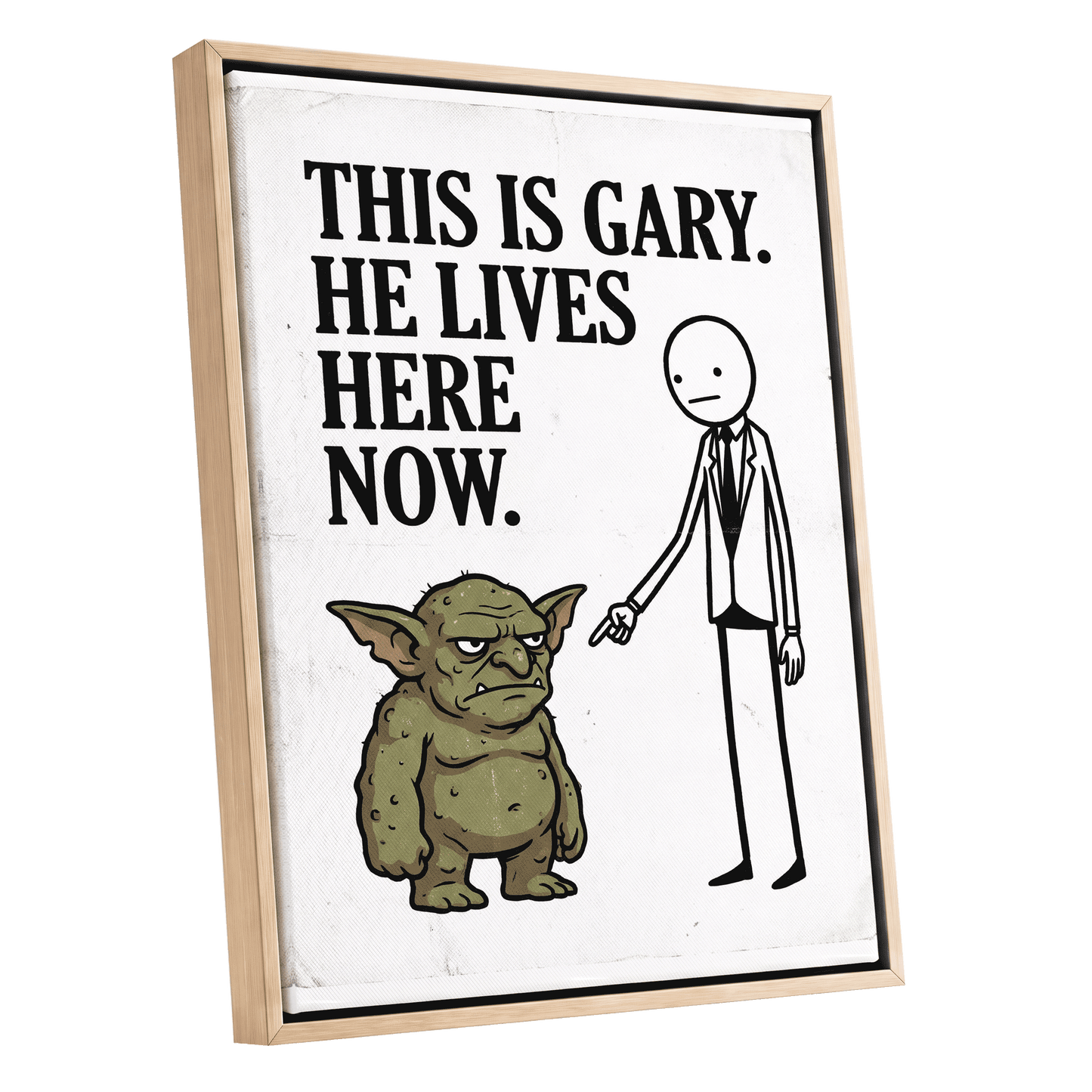 Gary’s New Address, white, black, green minimalist wall art shown as a oak framed canvas wall art