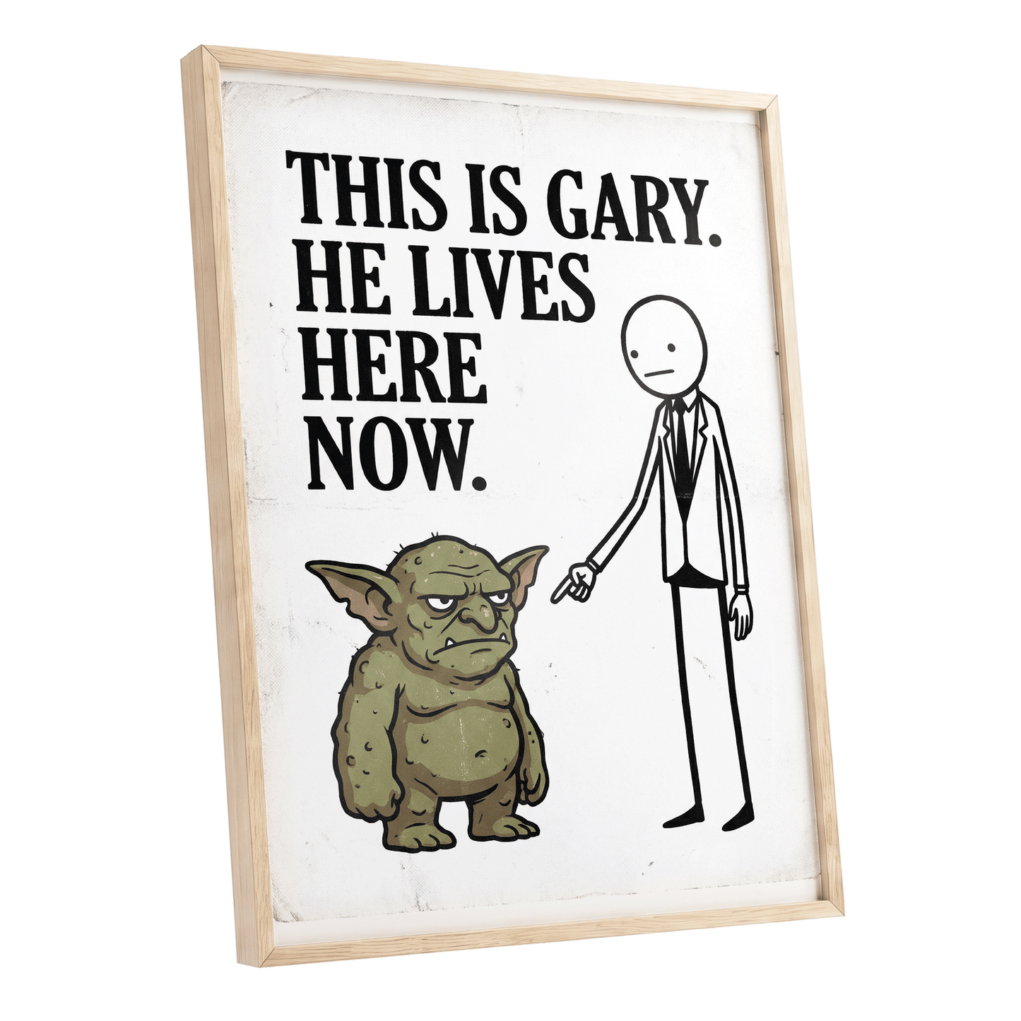Gary’s New Address, white, black, green minimalist wall art shown as a oak framed poster wall art print