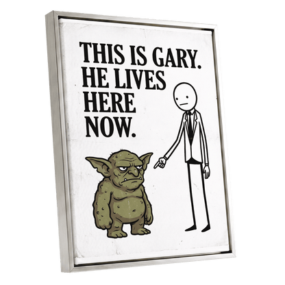 Gary’s New Address, white, black, green minimalist wall art shown as a silver framed canvas wall art