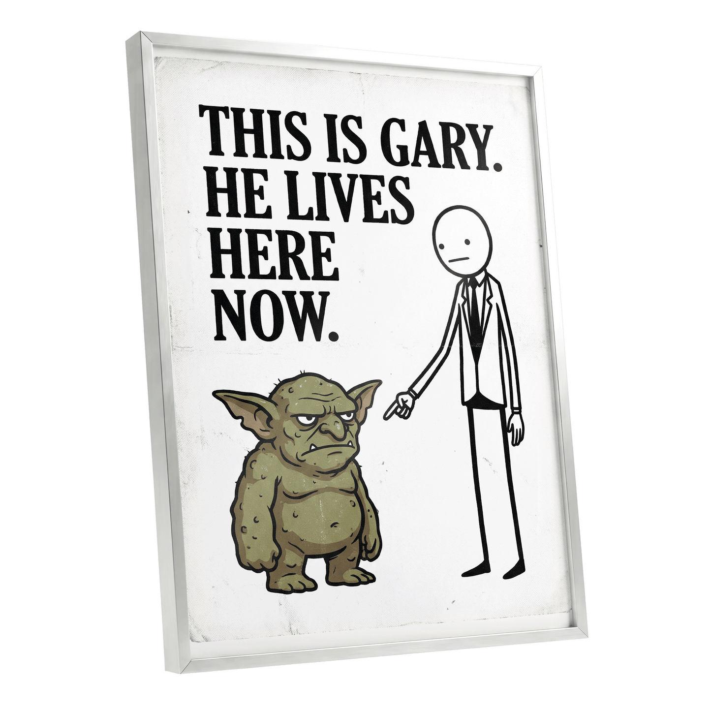 Gary’s New Address, white, black, green minimalist wall art shown as a silver framed poster wall art print
