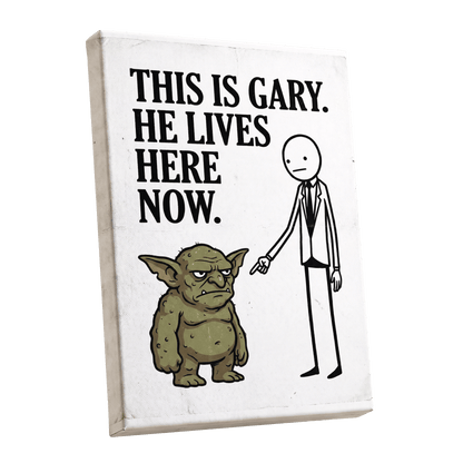 Gary’s New Address, white, black, green minimalist wall art shown as a stretched canvas wall art