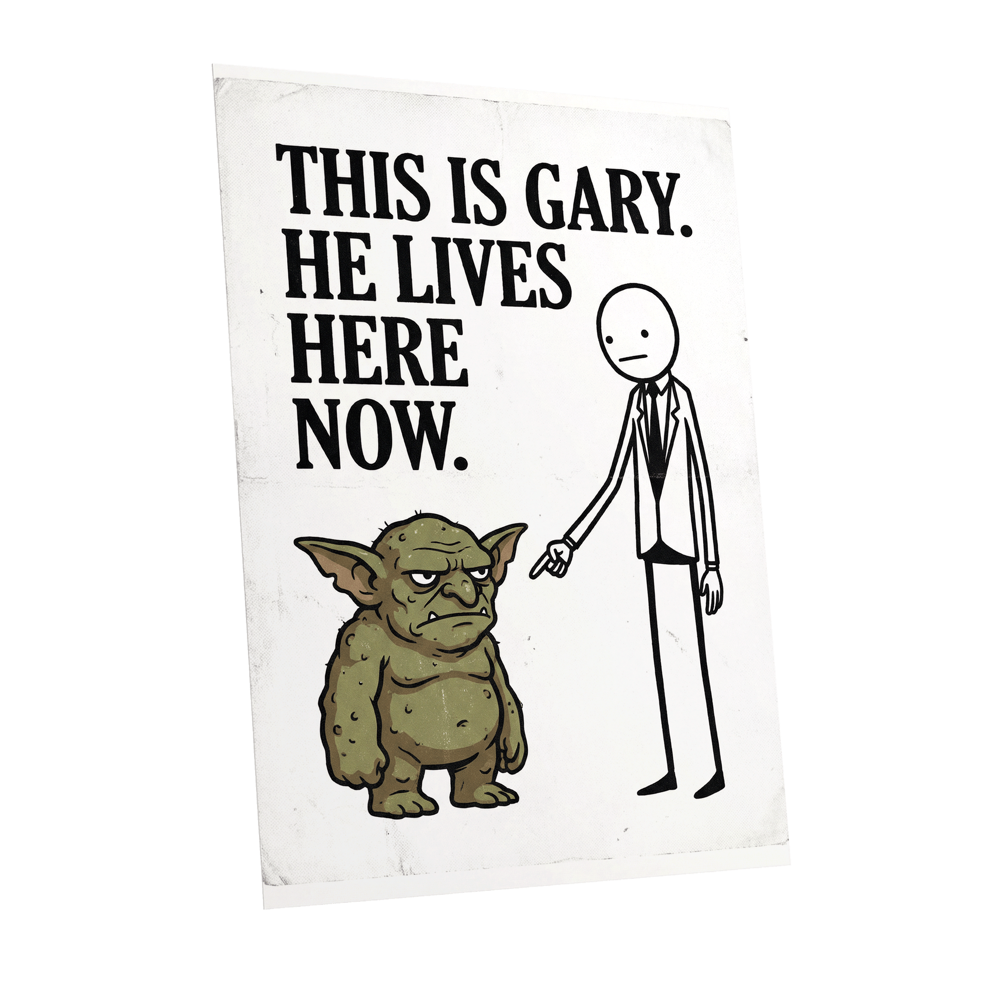 Gary’s New Address, white, black, green minimalist wall art shown as a unframed poster wall art print