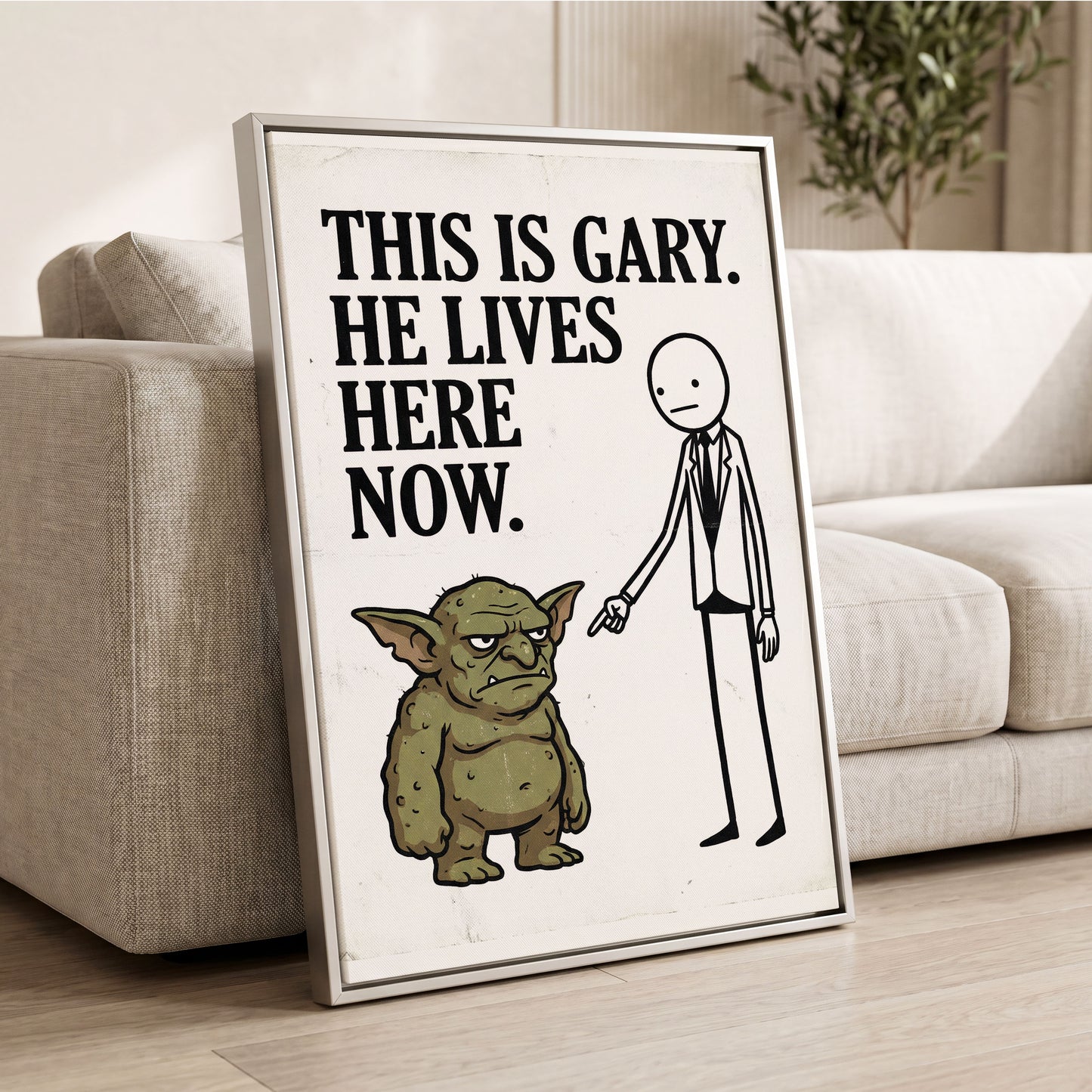 Gary’s New Address, white, black, green minimalist wall art displayed in a styled interior, gallery view 2
