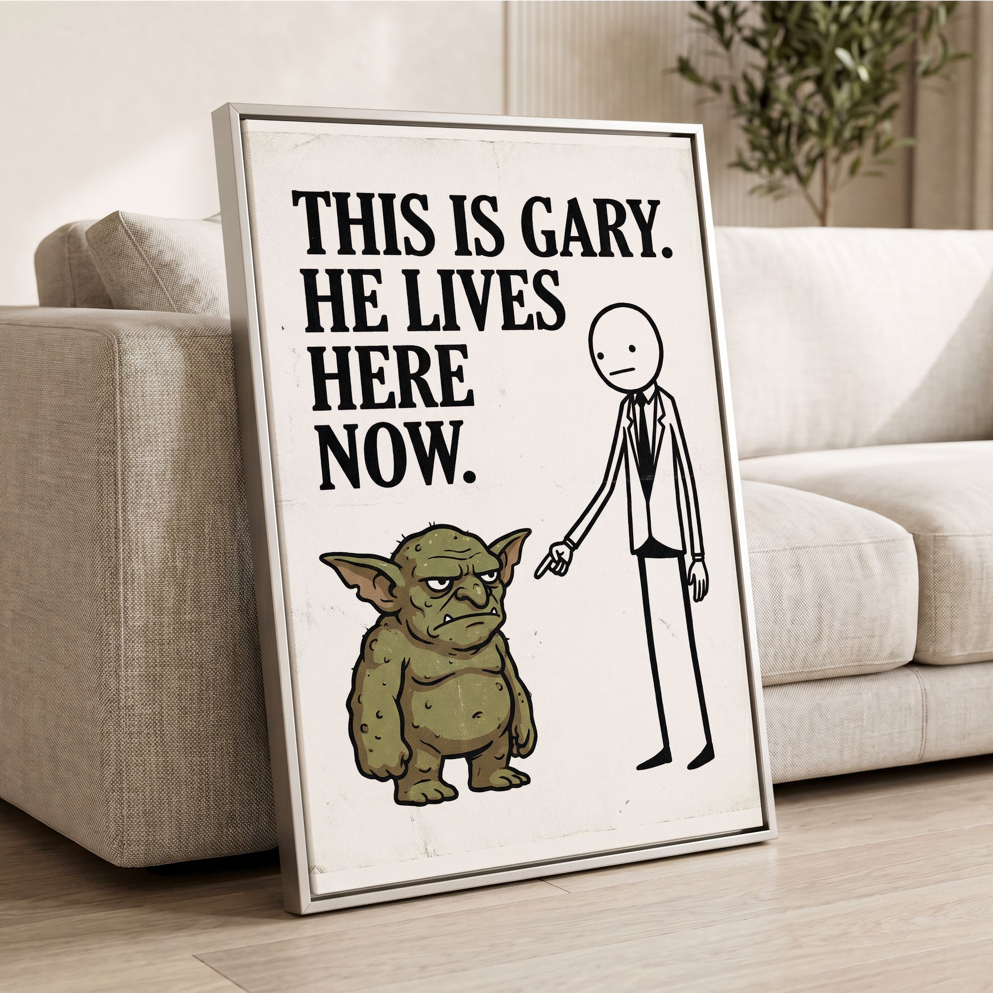 Gary’s New Address, white, black, green minimalist wall art displayed in a styled interior, gallery view 2